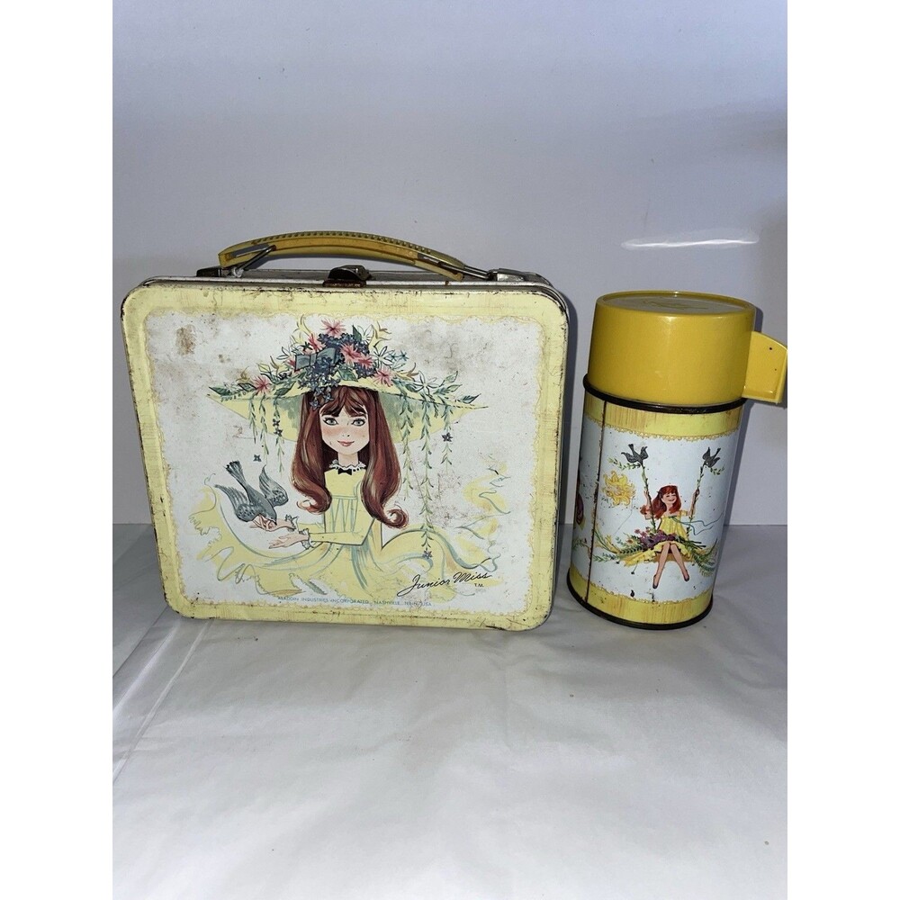 Vintage Aladdin Junior Miss Metal Lunchbox + Thermos 1970s Yellow Girl